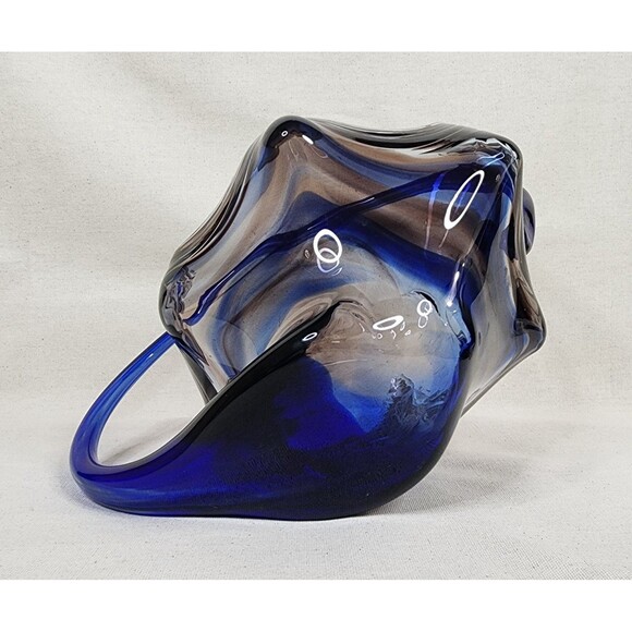 Vintage Sooner Ozark Art Glass Basket | Blue & Brown Swirl Hand-Blown | USA - Picture 10 of 15